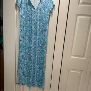 Lilly Pulitzer Turquoise & White Patterned “Chilly Lilly” maxi dress size XL EUC